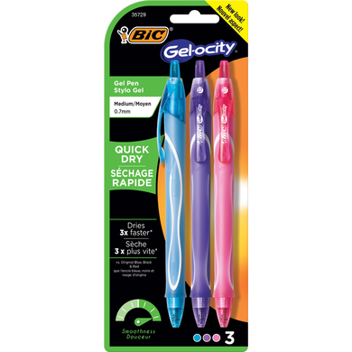 Gel-Ocity Quick Dry Retractable Gel Pen .7Mm Asst 3 Pk