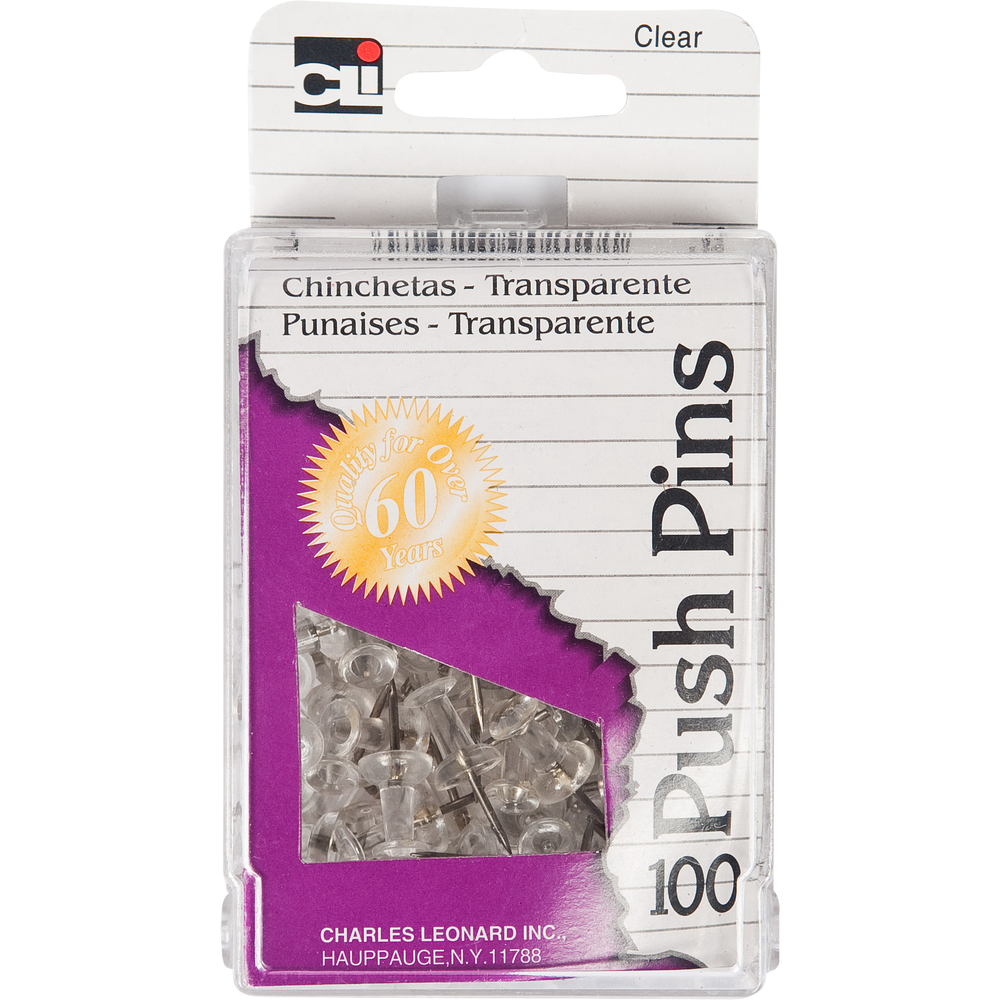 Charles Leonard Push Pins - Clear 100 Ct. Box